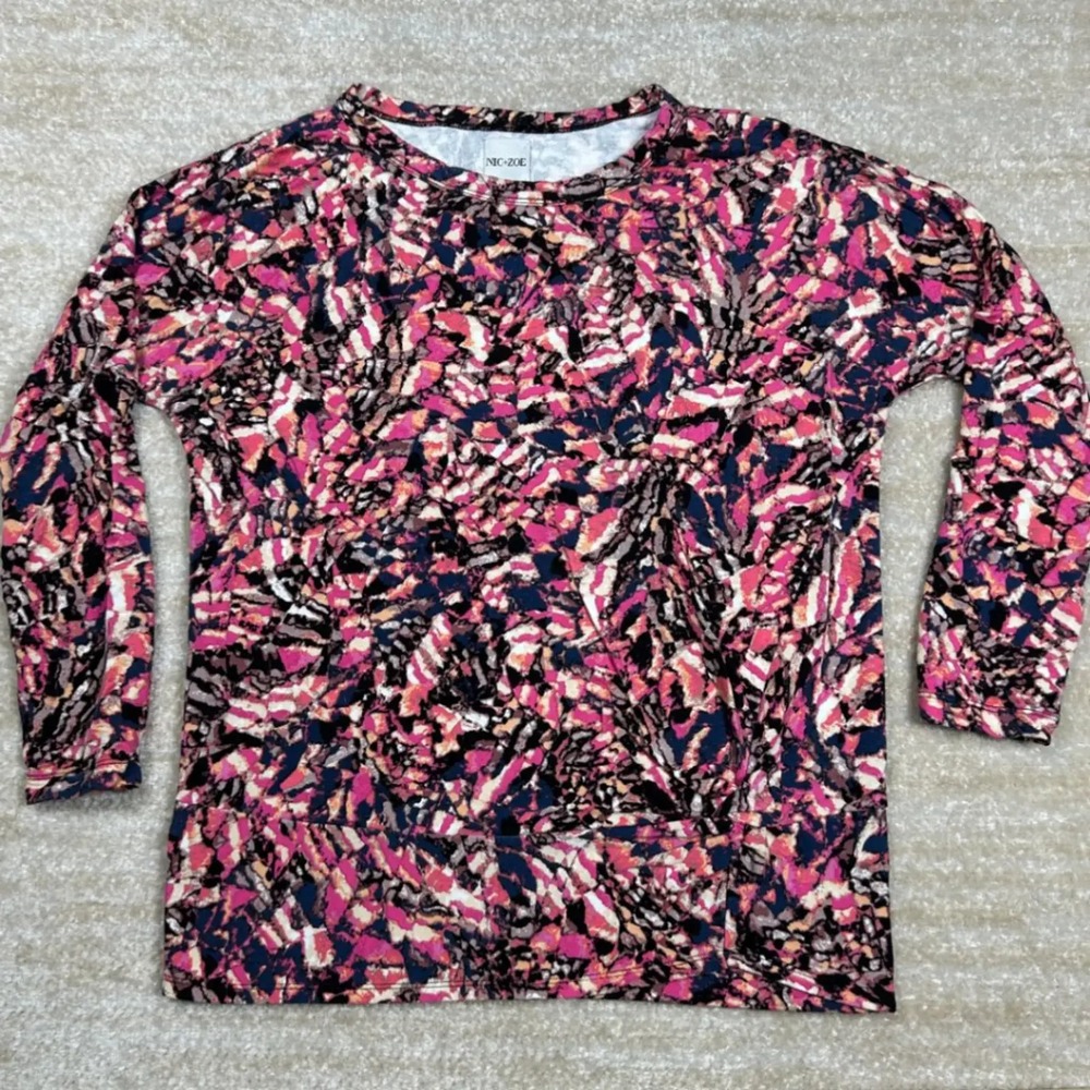 NIC+ZOE Womens Artsy Abstract Mosaic Print Long Sleeve Top Pink Navy Small S
